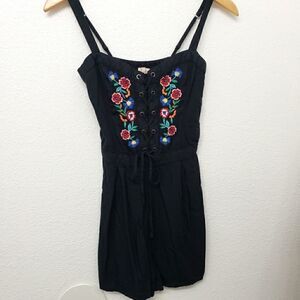 Hollister Boho Floral Embroidered Black Jumper/Romper Size XS